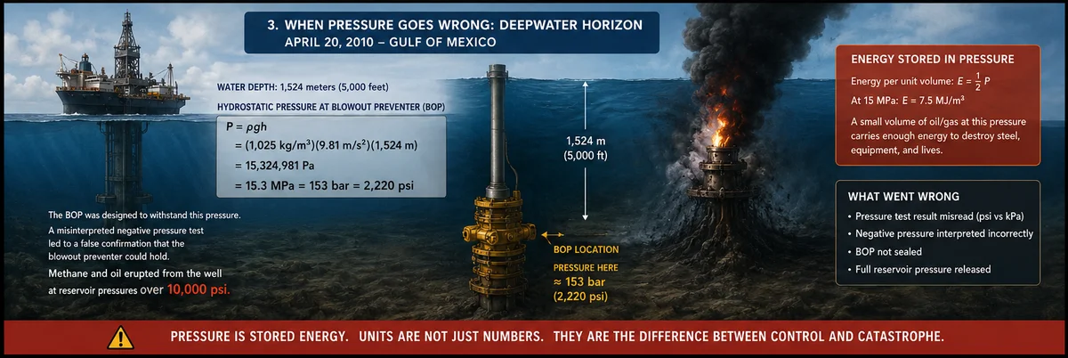 Deepwater Horizon oil rig diagram showing wellhead at 5000 ft depth with 12000 psi reservoir pressure and failed blowout preventer