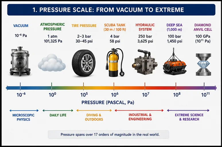 Pressure scale from vacuum chambers to diamond anvil cells showing pressure ranges in pascals